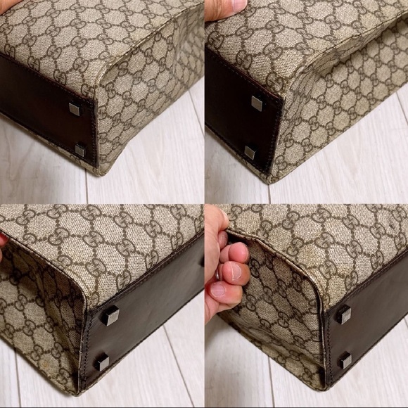 Gucci GG Monogram Canvas Tote Bag Brown Leather Trim Authentic Vintage Shopper - Picture 6 of 16